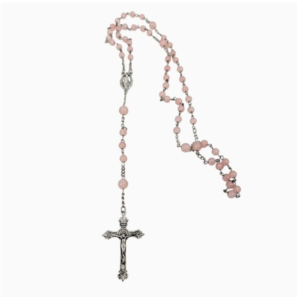 VTG Pink Bead Rosary Miraculous Medal Virgin Mary Silver Tone Crucifix Necklace - Picture 2 of 11